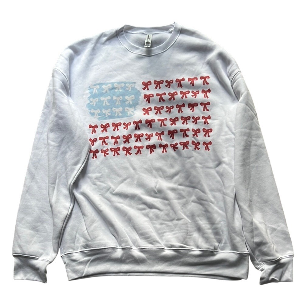 Girly White Bow American Flag Graphic Sweatshirt Coquette Americana M